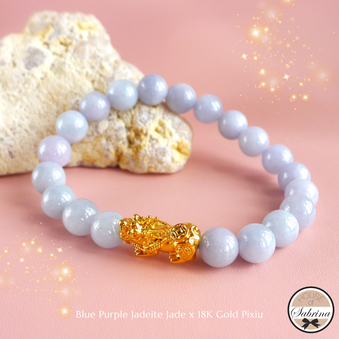 HIGH GRADE BLUE PURPLE BURMESE JADEITE JADE with 18K GOLD PIXIU