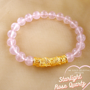 18K GOLD CELESTIAL DRAGON WITH HIGH GRADE STARLIGHT ROSE QUARTZ GEMSTONE LUCKY CHARM BRACELET