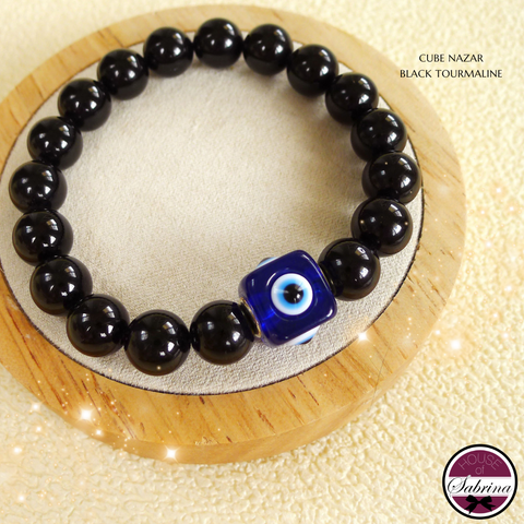 NAZAR CUBE BLACK TOURMALINE PROTECTION GEMSTONE LUCKY CHARM BRACELET