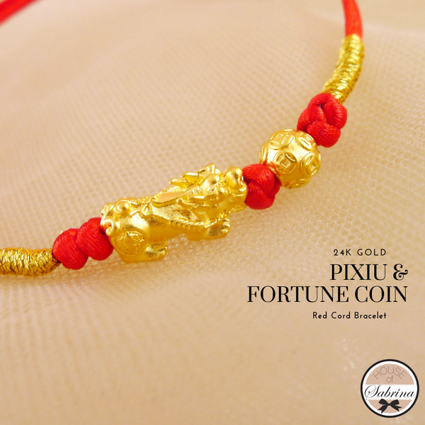 24K GOLD MINI PI YAO with CHINES FORTUNE COIN RED CORD BRACELET