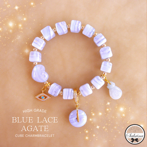 HIGH GRADE BLUE LACE AGATE CUBE GEMSTONE LUCKY CHARMBRACELET