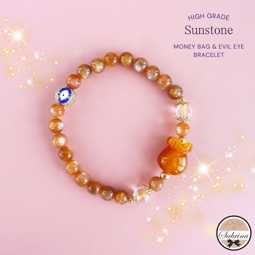 HIGH GRADE SUNSTONE MONEY BAG & EVIL EYE GEMSTONE LUCKY CHARM BRACELET