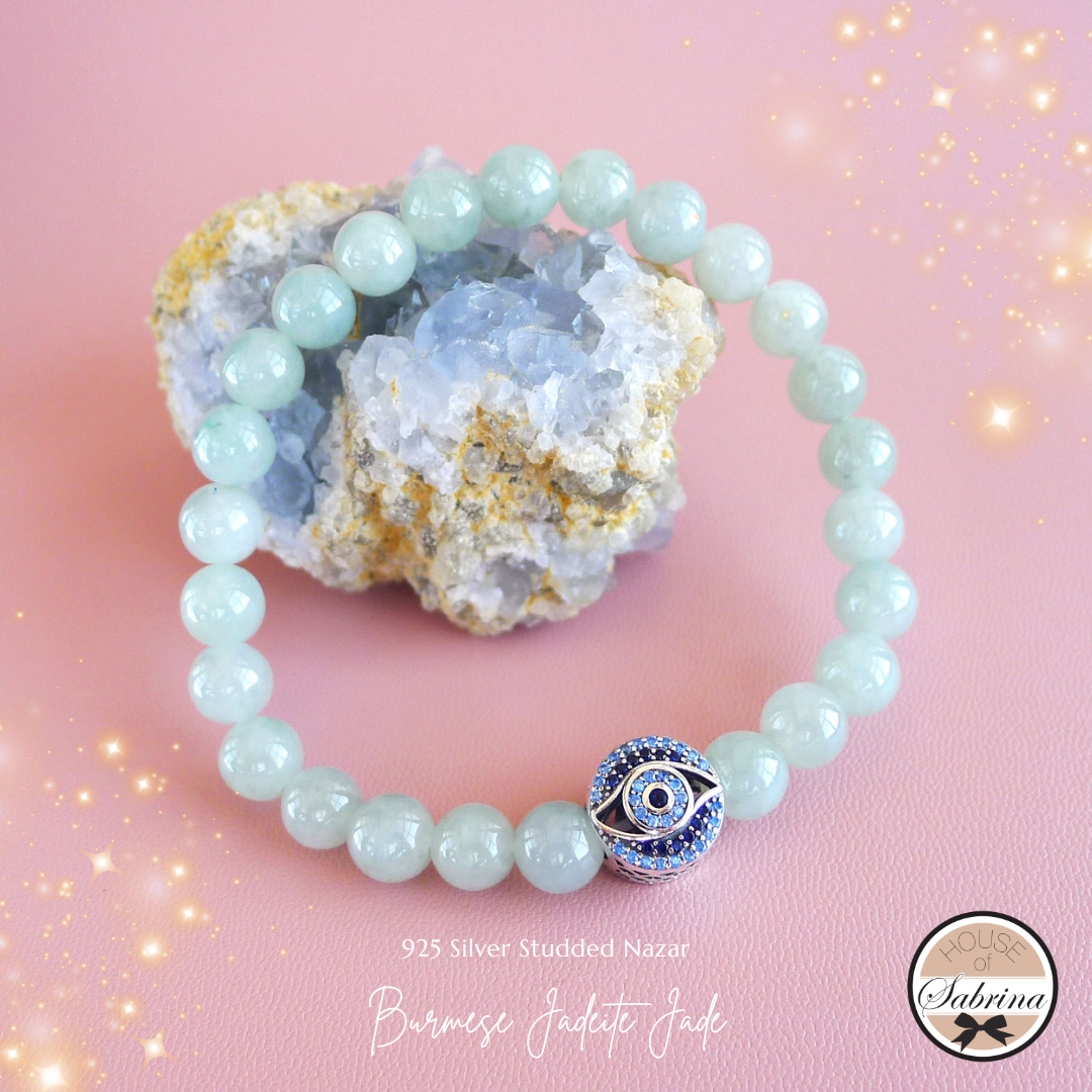 925 Silver Studded Nazar Evil Eye with HIgh Grade Burmese Jadeite Jade Gemstone Lucky Charm Bracelet