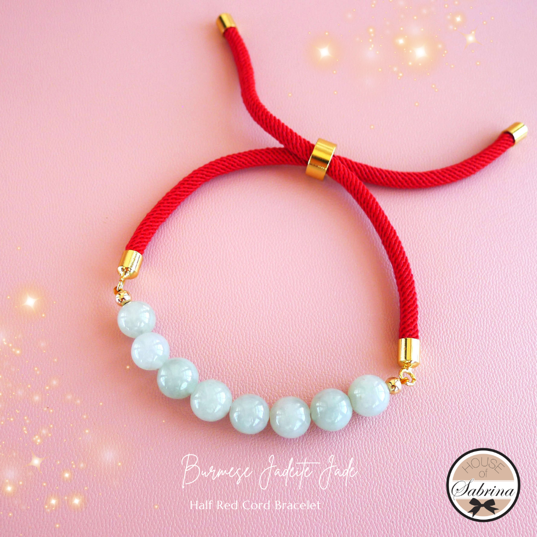 8- Stone High Grade Burmese Jadeite Jade with Red Cord Gemstone Lucky Charm Bracelet