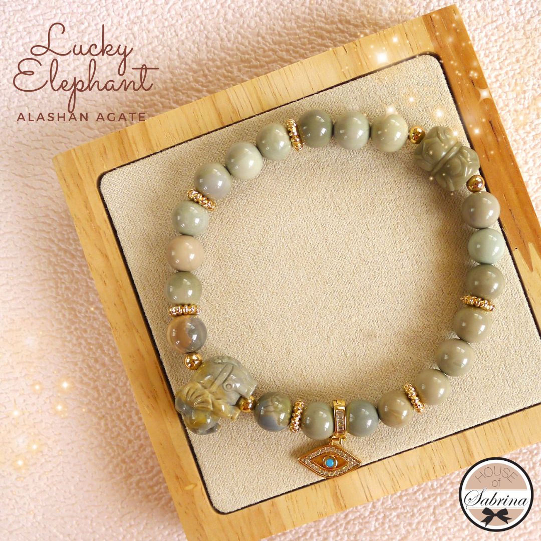 LUCKY ELEPHANT ALASHAN AGATE GEMSTONE LUCKY CHARM BRACELET