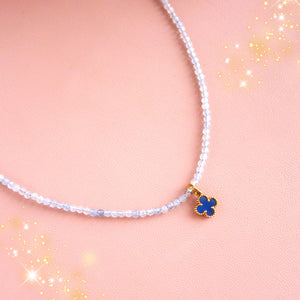 DAINTY AQUAMARINE NECKLACE WITH 18K GOLD CLOVER PENDANT