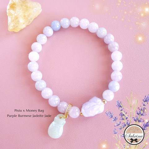 PIXIU X DANGLING MONEY BAG PURPLE BURMESE JADEITE JADE GEMSTONE LUCKY CHARM BRACELET
