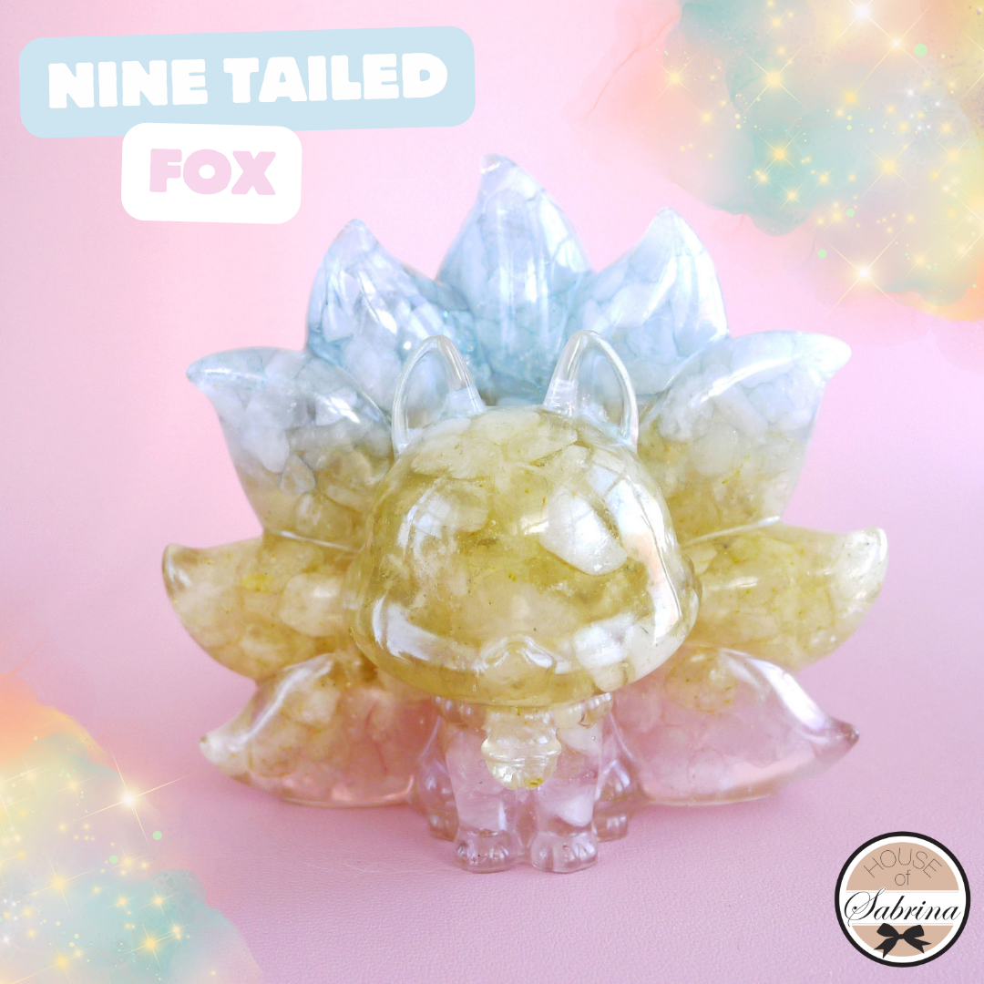 NINE TAILED FOX AQUAMARINE, CITRINE AND ROSE QUARTZ RESIN GEMSTONE DISPLAY