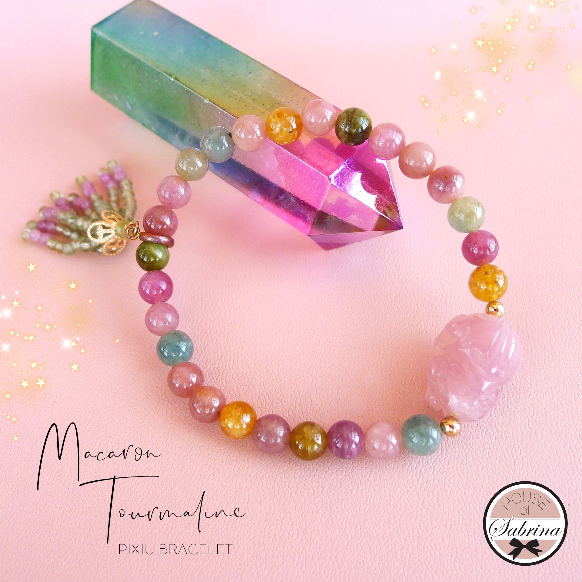 PIXIU MADAGASCAN ROSE QUART WITH MACARON TOURMALINE TASSEL GEMSTONE BRACELET