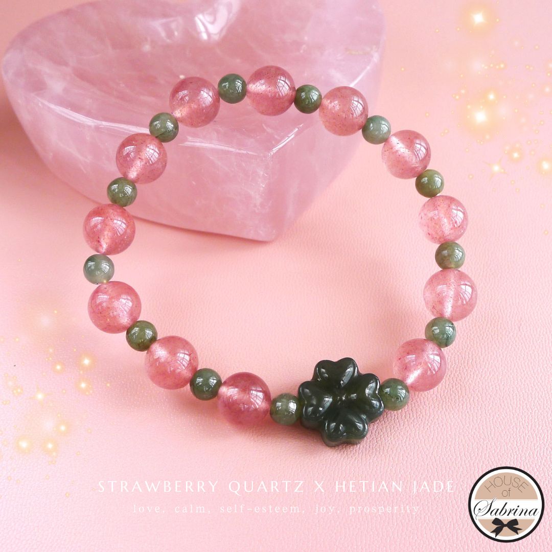 HIGH GRADE STRAWBERRY QUARTZ  X FOUR LEAF CLOVER HETIAN JADE GEMSTONE LUCKY CHARM BRACELET