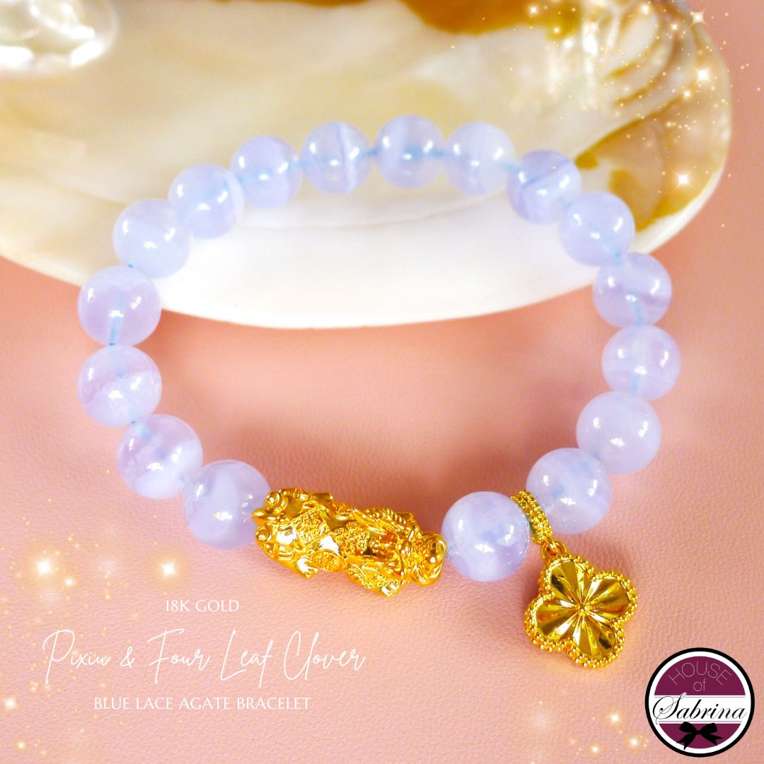 18K GOLD PIXIU AND FOUR LEAF CLOVER BLUE LACE AGATE GEMSTONE LUCKY CHARM BRACELET