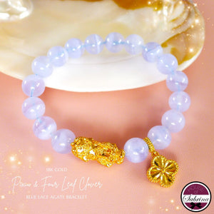 18K GOLD PIXIU AND FOUR LEAF CLOVER BLUE LACE AGATE GEMSTONE LUCKY CHARM BRACELET