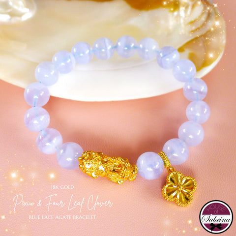 18K GOLD PIXIU AND FOUR LEAF CLOVER BLUE LACE AGATE GEMSTONE LUCKY CHARM BRACELET