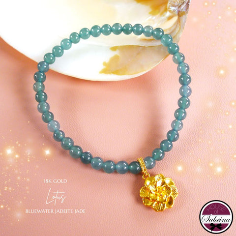 18K GOLD LOTUS BLUEWATER JADEITE JADE GEMSTONE LUCKY CHARM BRACELET