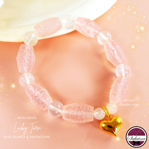 Rose Quartz Lucky Turn with 18K Gold Dangling Heart Lucky Charm Bracelet