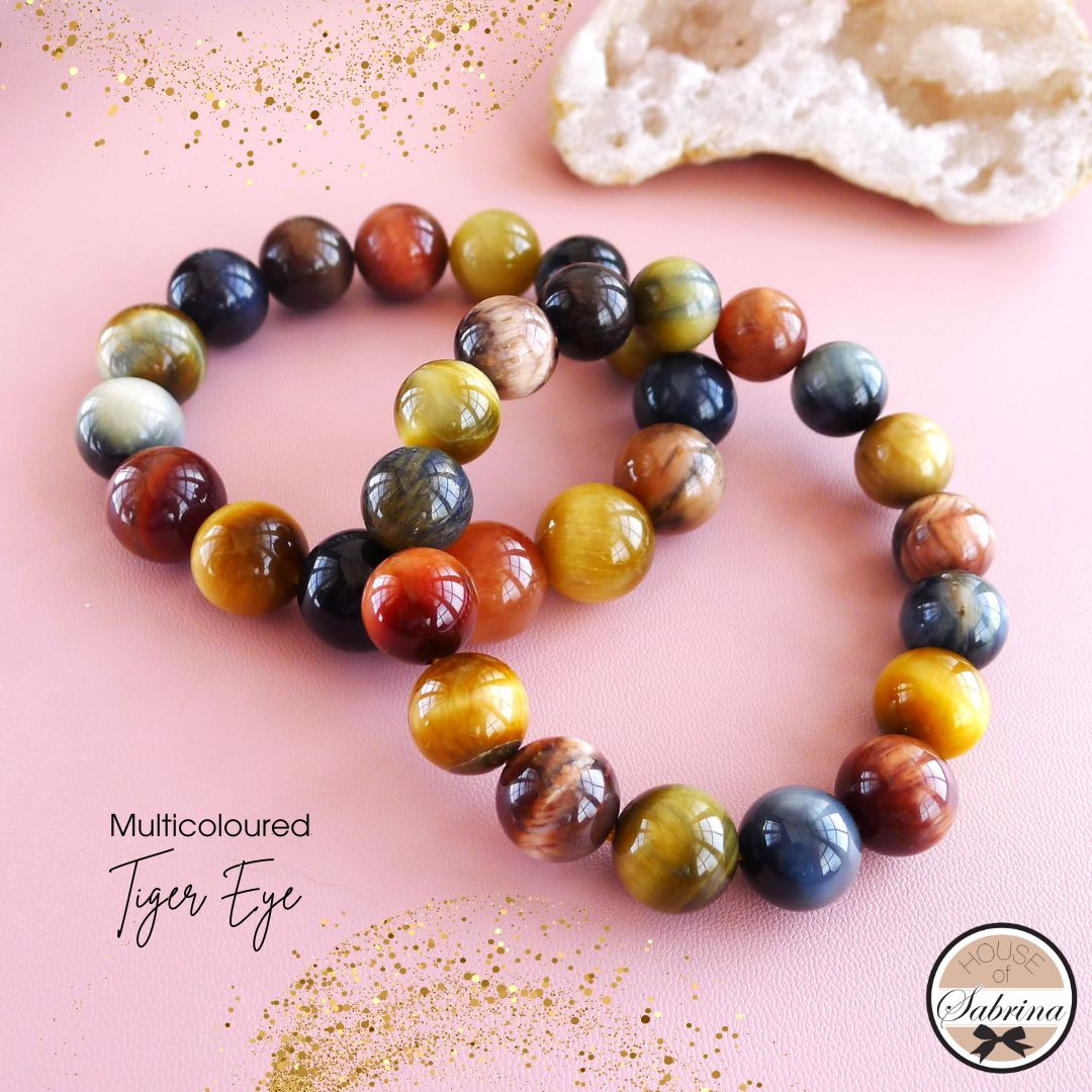 HIGH GRADE MULTICOLOURED TIGER EYE GEMSTONE LUCKY CHARM BRACELET