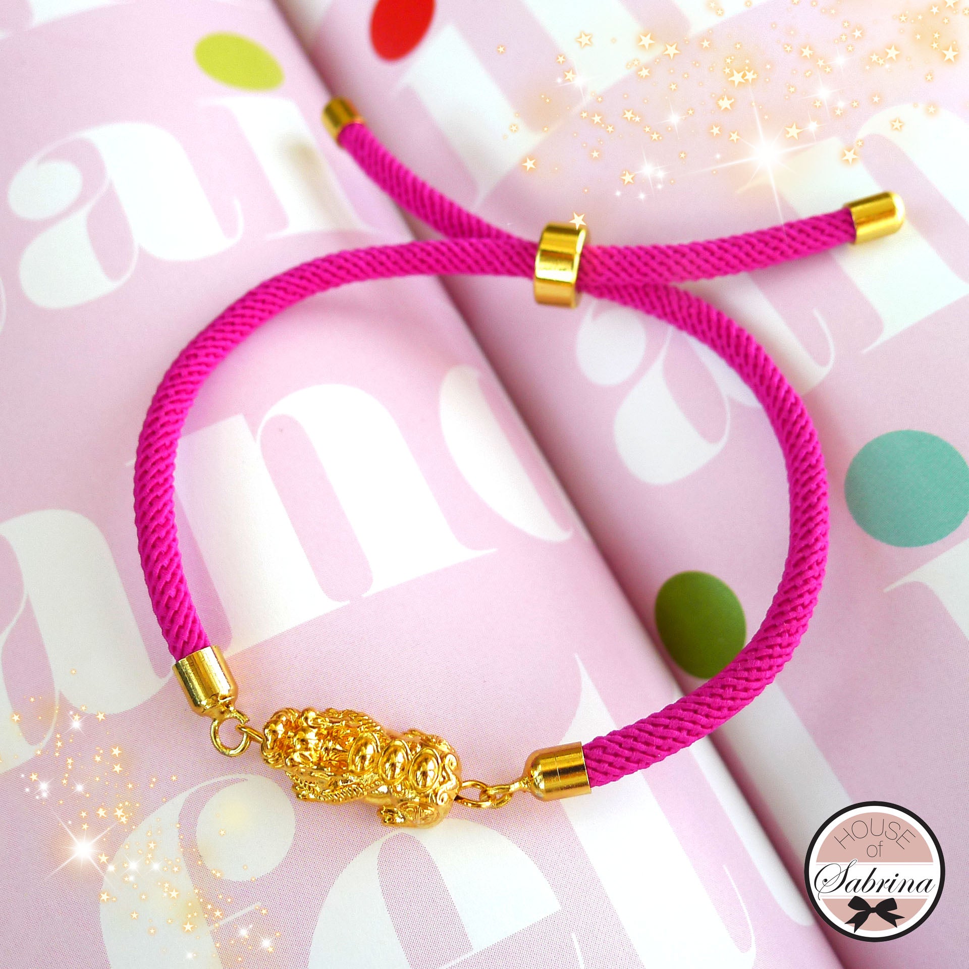 18K Gold Pixiu Magenta Cord Bracelet