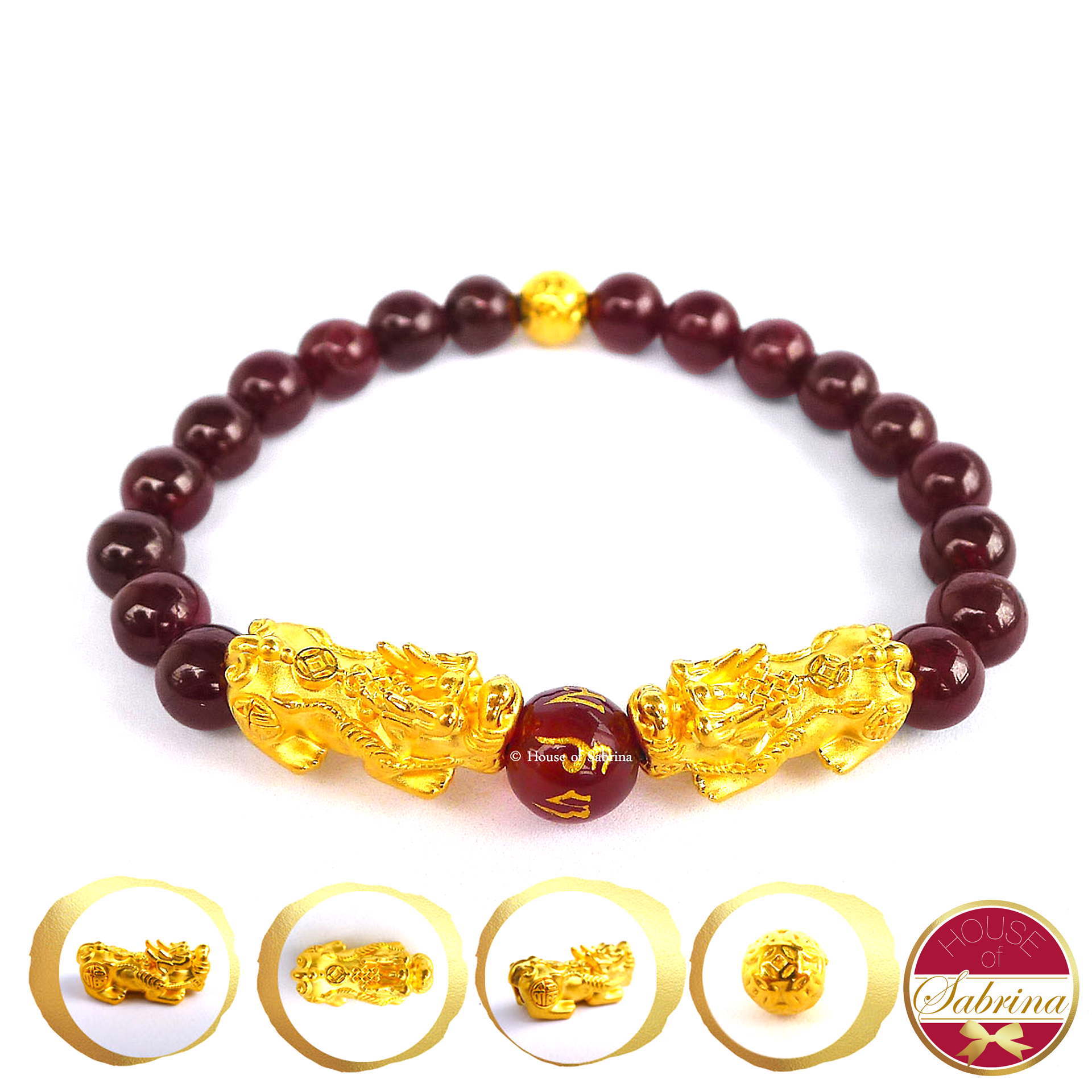 24K Gold Double Medium Pi Yao with Lucky Coin in Garnet Bracelet