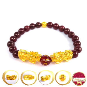 24K Gold Double Medium Pi Yao with Lucky Coin in Garnet Bracelet