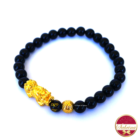 24K Gold Medium Pi Yao with Lucky Coin in  Black Onyx Bracelet