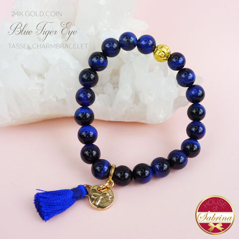 24K GOLD FORTUNE COIN + BLUE TIGER EYE TASSEL BRACELET