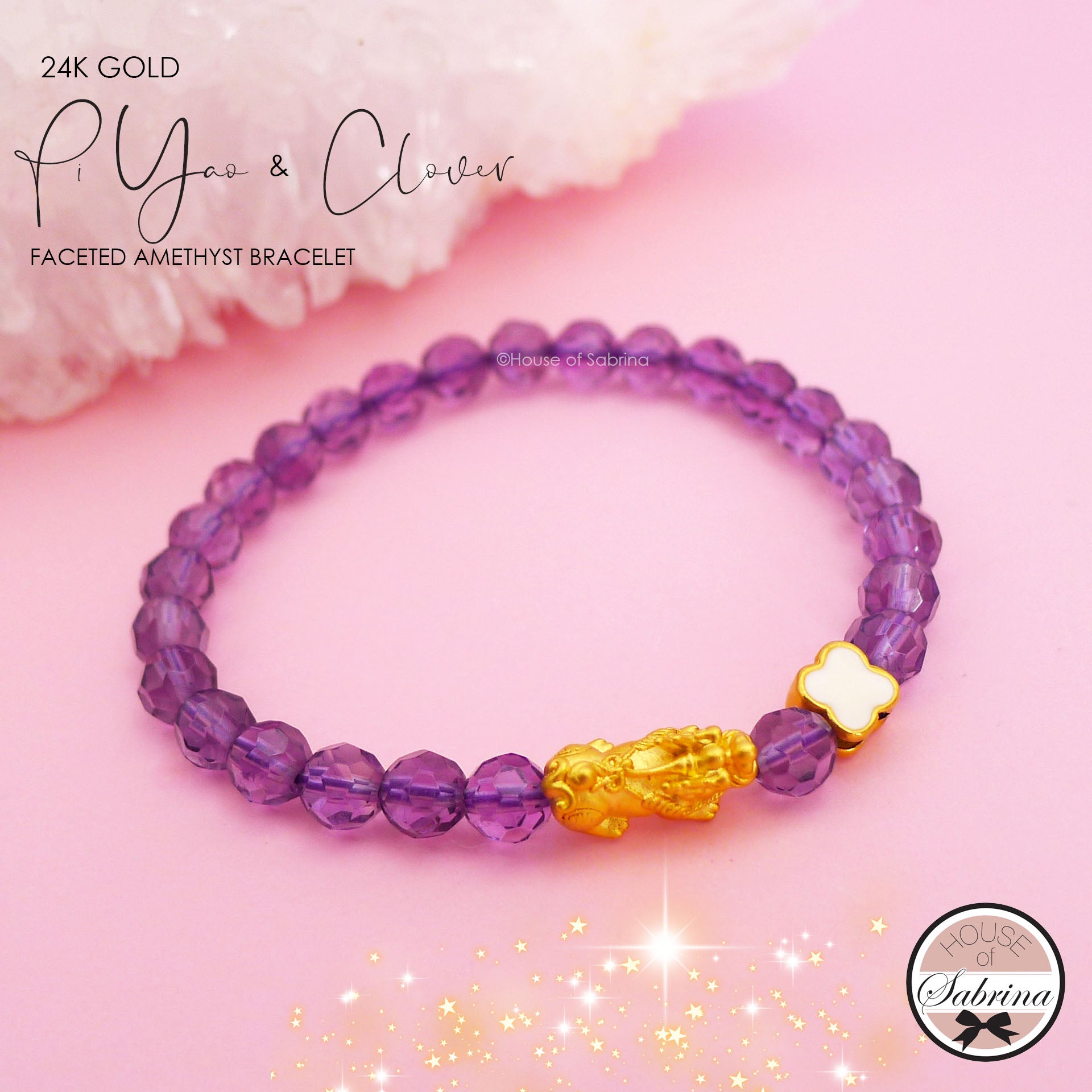 24K GOLD PI YAO with CLOVER on FACETED AMETHYST GEMSTONE LUCKY CHARM BRACELET