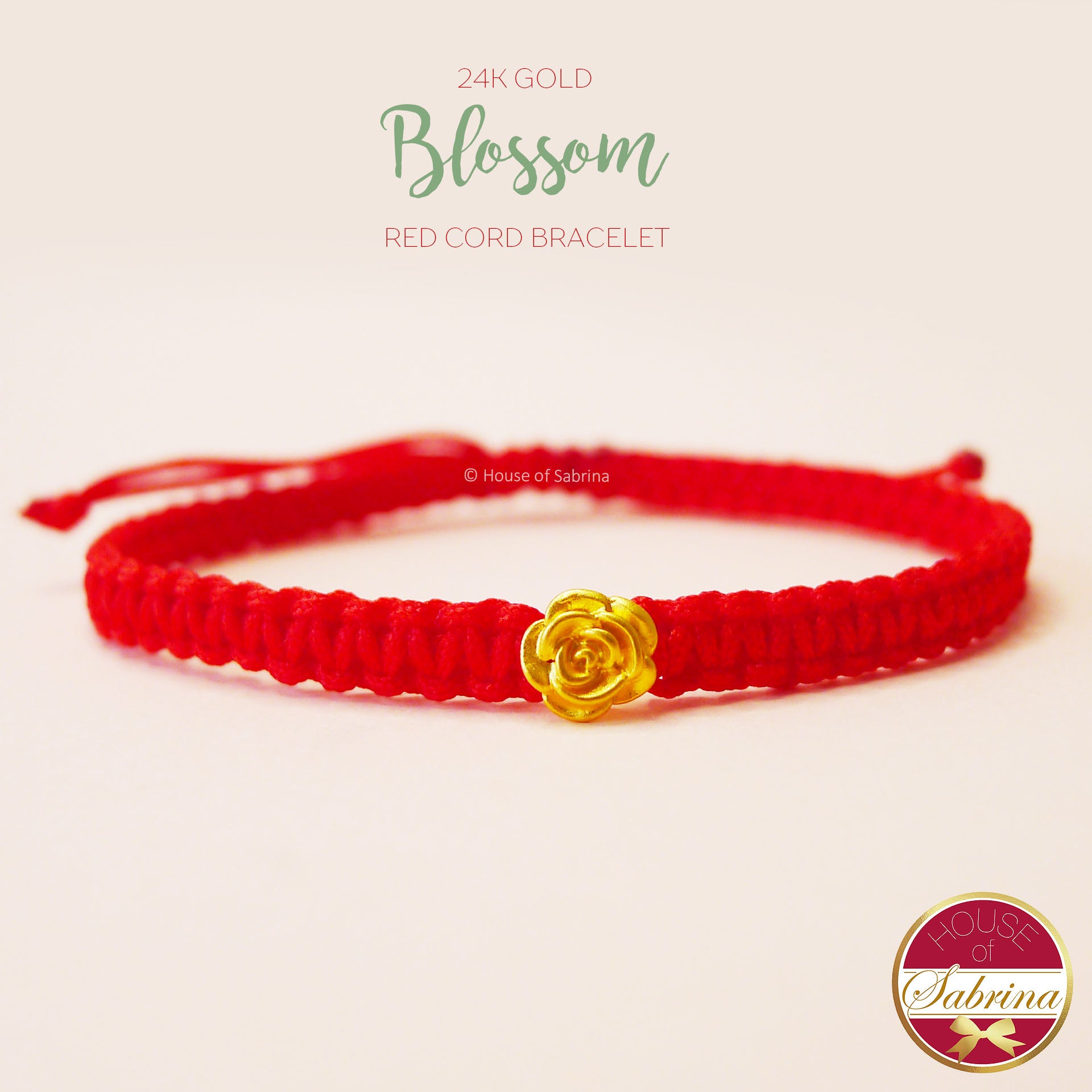 24K GOLD BLOSSOM RED CORD LUCKY CHARM BRACELET