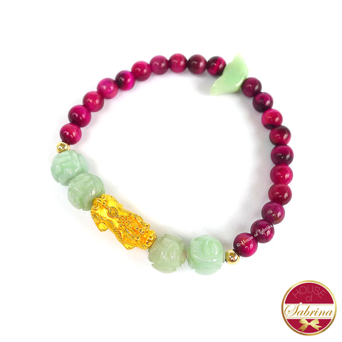 24K Gold Medium Pi Yao Charm in Pink Tiger Eye/ Jade Lotus Bracelet
