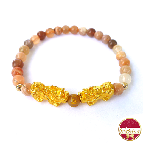 24K Gold Small Double Pi Yao in Sunstone Bracelet