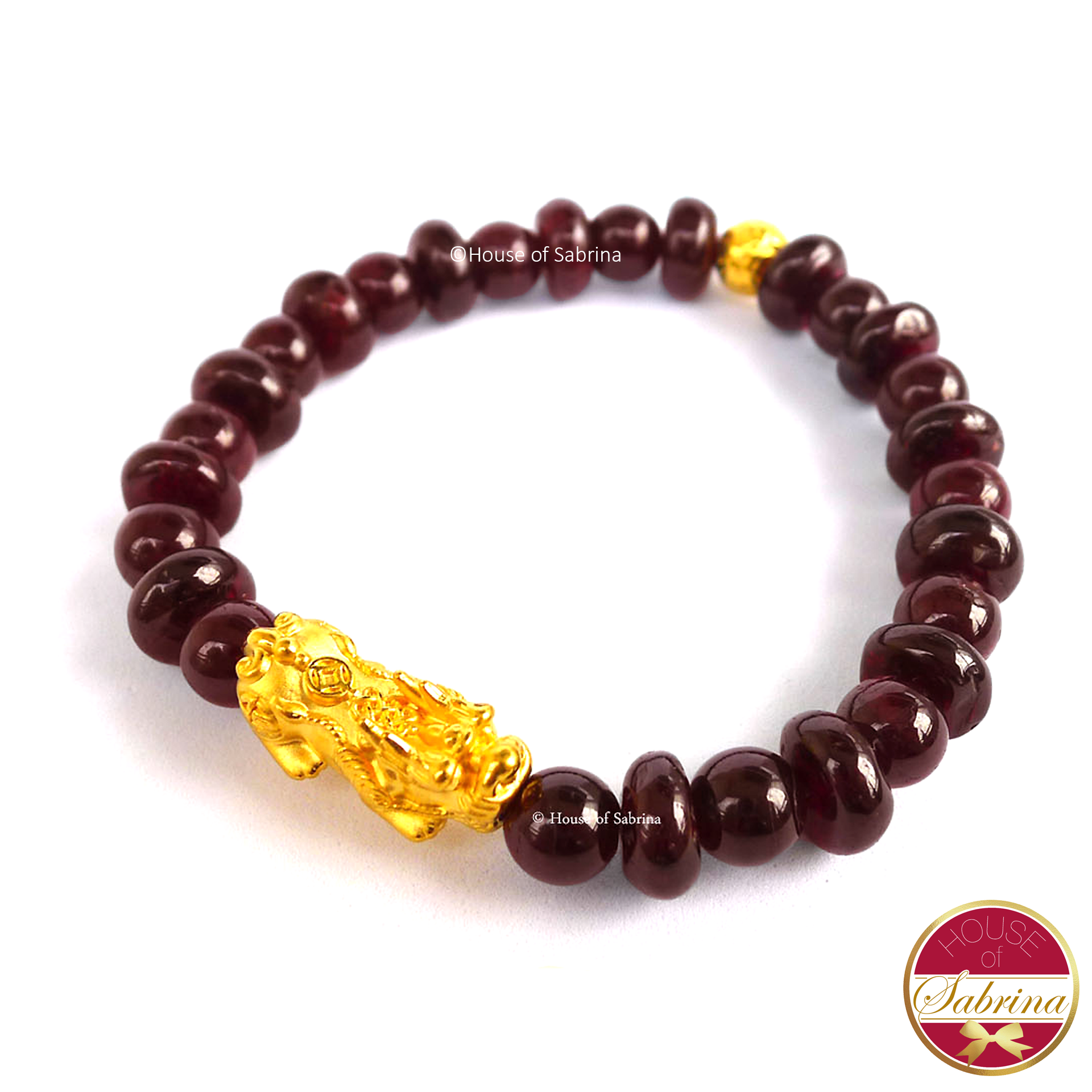 24K Gold  Medium Pi Yao with Lucky Coin in Round/Flat Garnet Bracelet