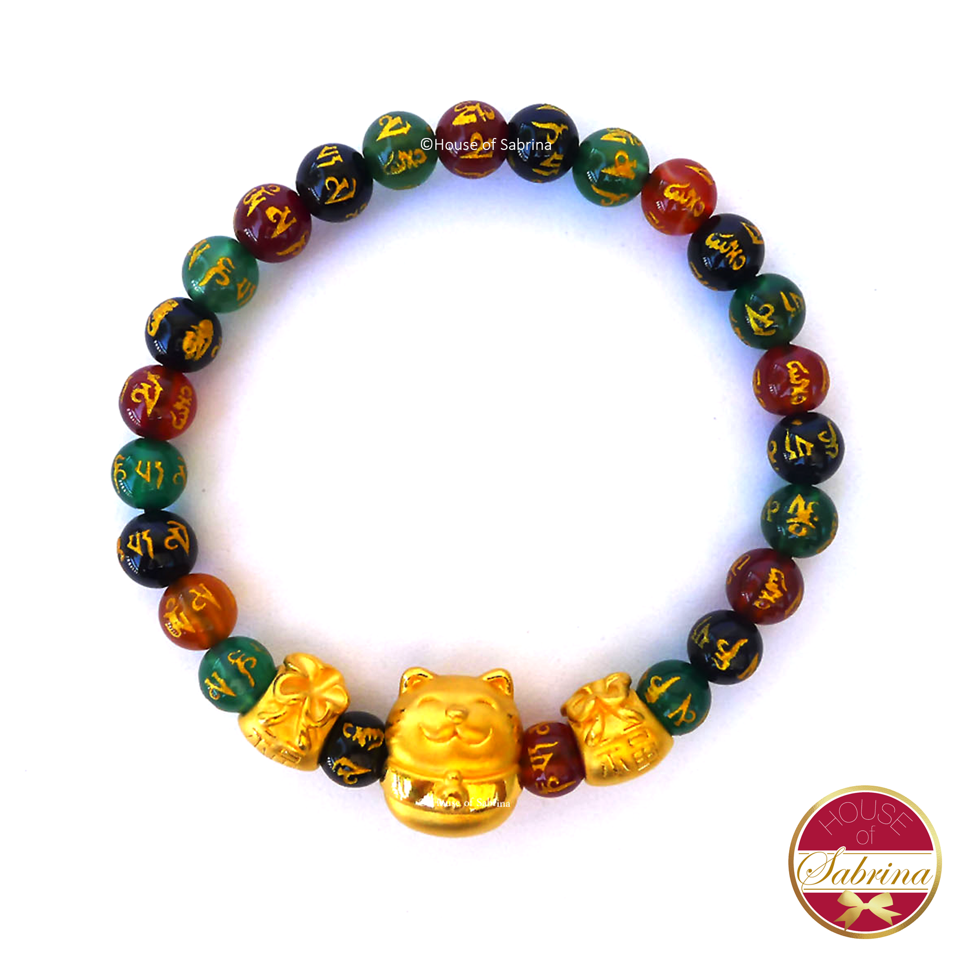 24K Gold Lucky Cat with Money Bags in Multigemstone Mantra Bracelet
