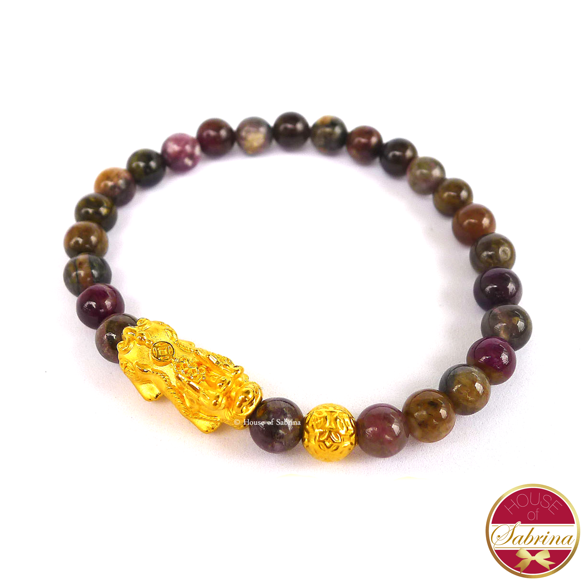 24K Gold Medium Pi Yao Charm with Lucky Coin in Tourmaline Bracelet