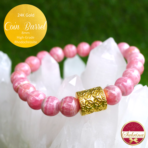 24K Gold Coin Barrel on 8mm High-Grade Rhodochrosite