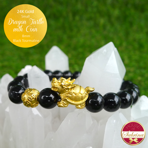 24K Gold Small Dragon Turtle on 8mm Black Tourmaline Gemstone Bracelet