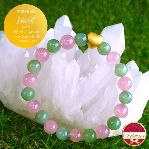 24K Gold Heart on High-Grade Madagascan Rose Quartz and Burmese Jade