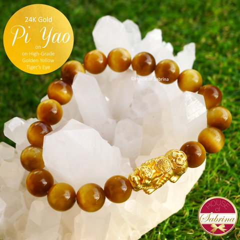 24K Gold Large Pi Yao on High-Grade Golden Yellow Tiger Eye Gemstone Bracelet