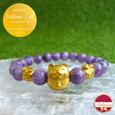 24K Gold Fortune Cat with Money Bags on 8mm High Grade Charoite Gemstone Bracelet