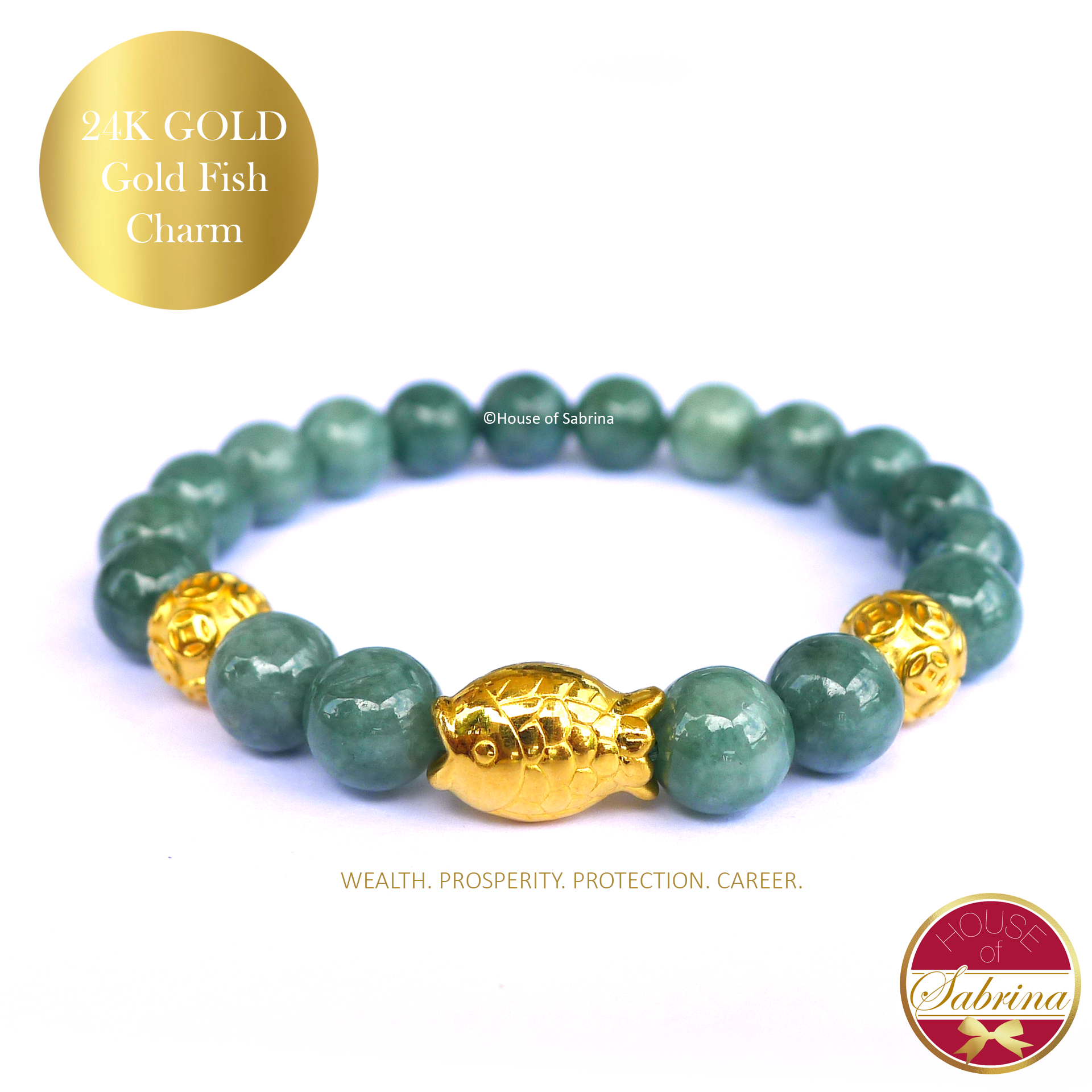 24K Gold Gold Fish Wealth Charm on Jade Gemstone Bracelet