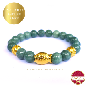 24K Gold Gold Fish Wealth Charm on Jade Gemstone Bracelet