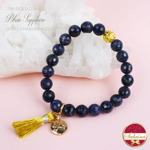 24K GOLD FORTUNE COIN + HIGH GRADE BLUE SAPPHIRE TASSEL BRACELET