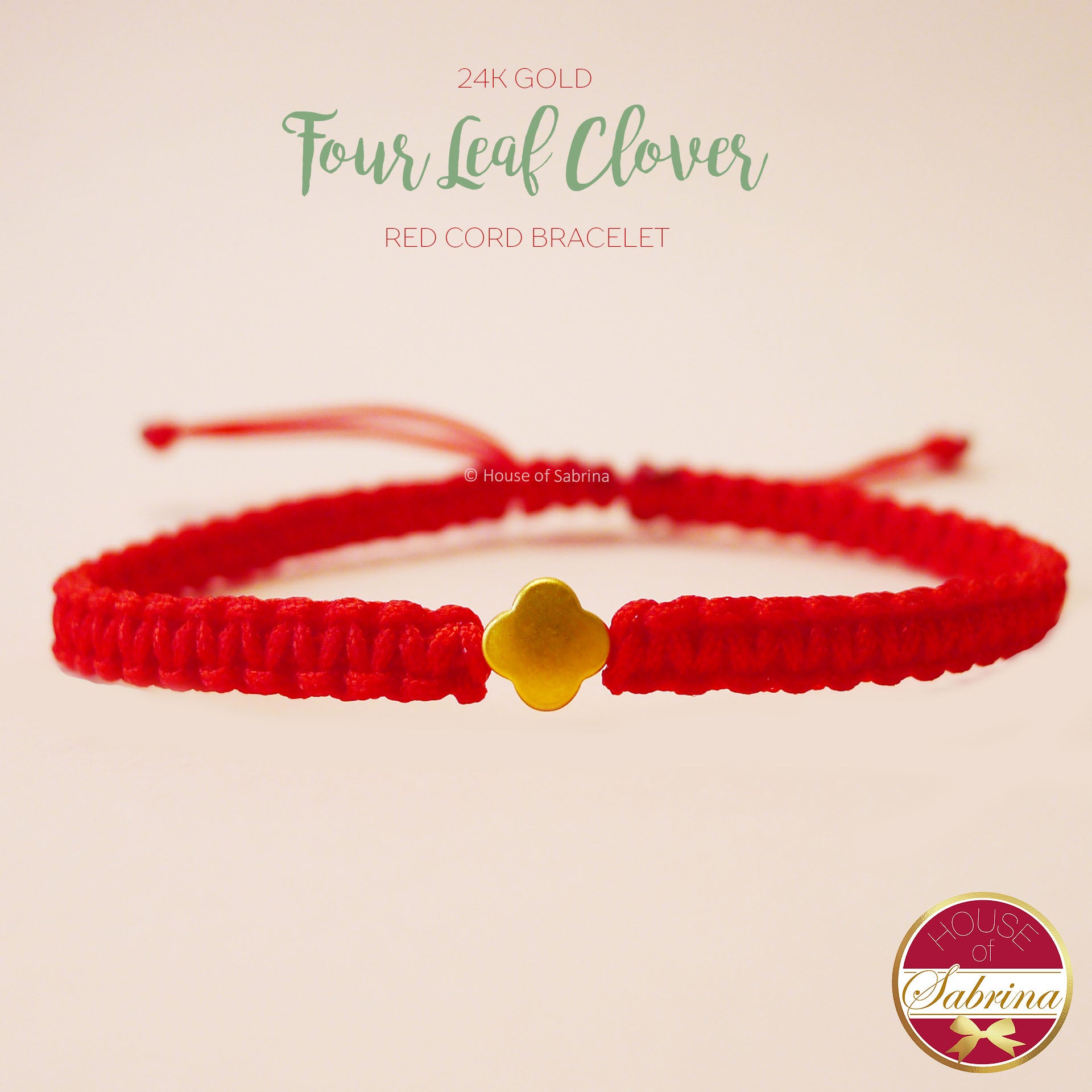 24K GOLD FOUR LEAF CLOVER RED CORD LUCKY CHARM BRACELET