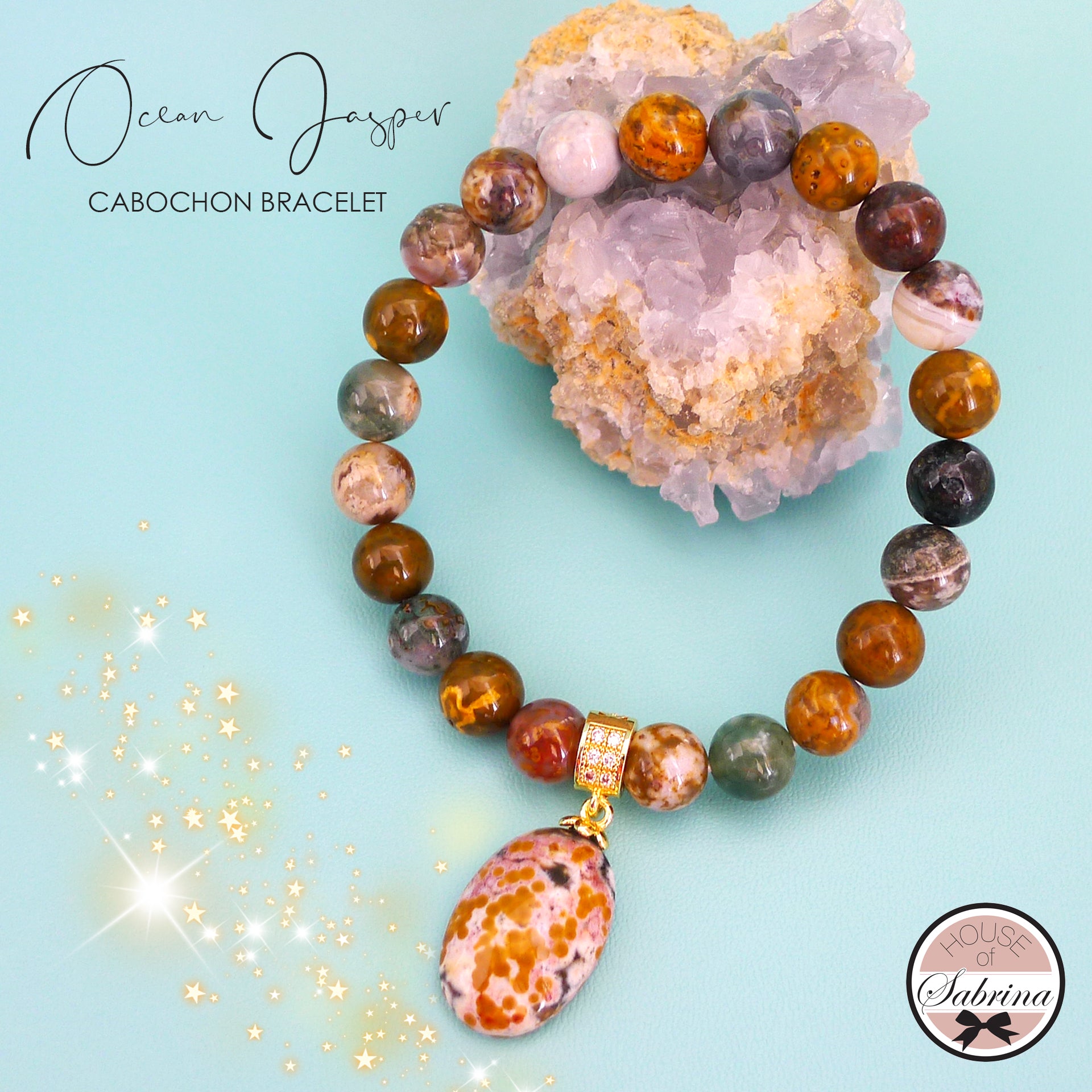 OCEAN JASPER CABOCHON GEMSTONE LUCKY CHARM BRACELET