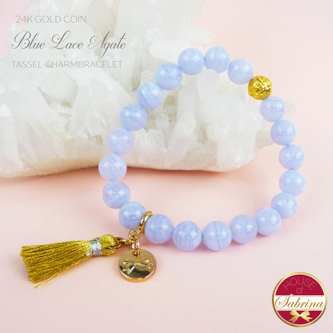 24K GOLD FORTUNE COIN + HIGH GRADE BLUE LACE AGATE TASSEL BRACELET