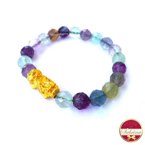 24K Gold Medium Pi Yao Charm in Faceted Fluorite Bracelet