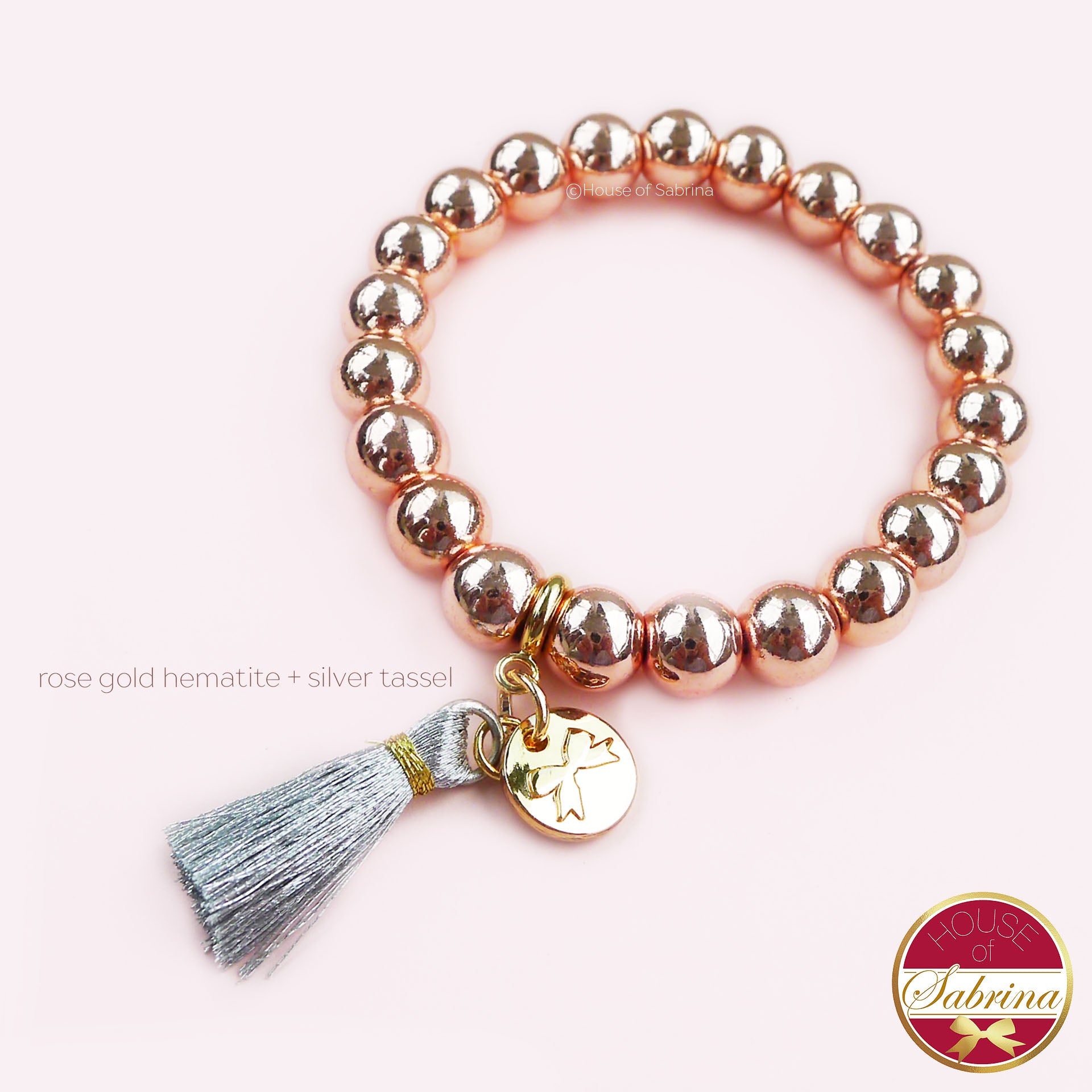 ROSE GOLD HEMATITE + SILVER TASSEL CHARM