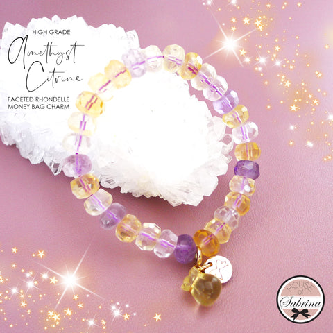 HIGH GRADE AMETHYST CITRINE FACETED RHONDELLE MONEY BAG CHARM GEMSTONE LUCKY CHARM BRACELET