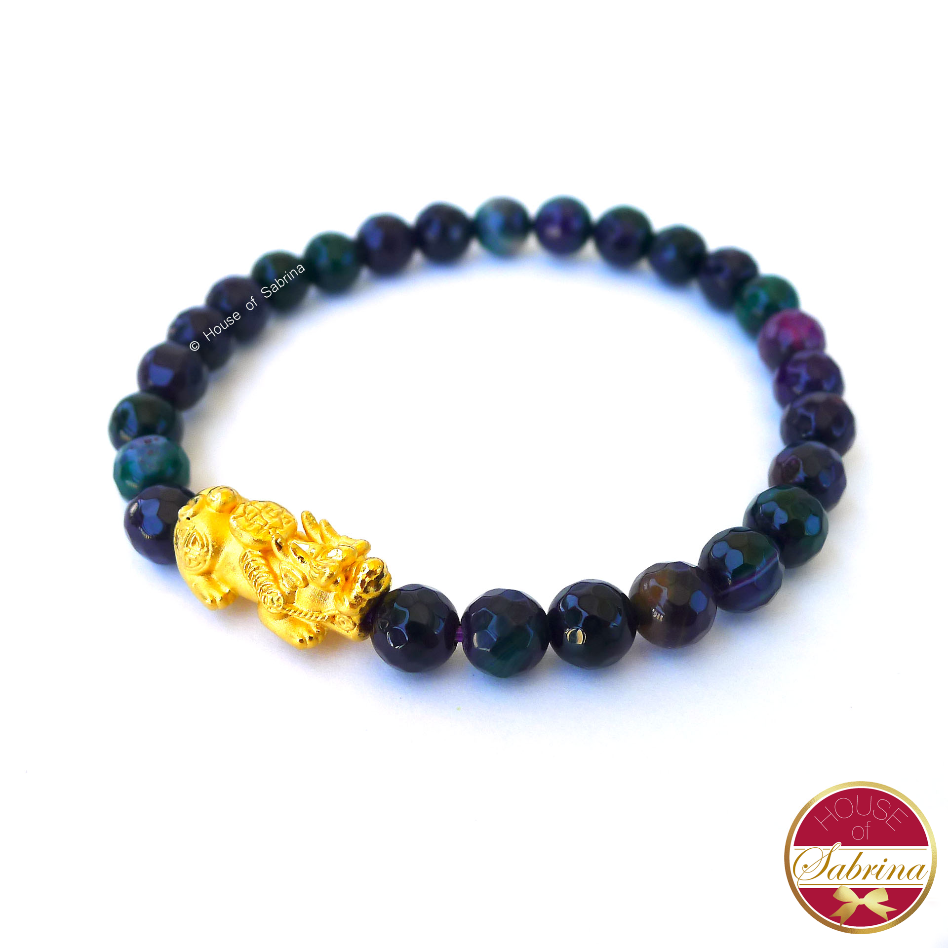 24K Gold Medium Pi Yao Charm in Purple Green Agate Bracelet