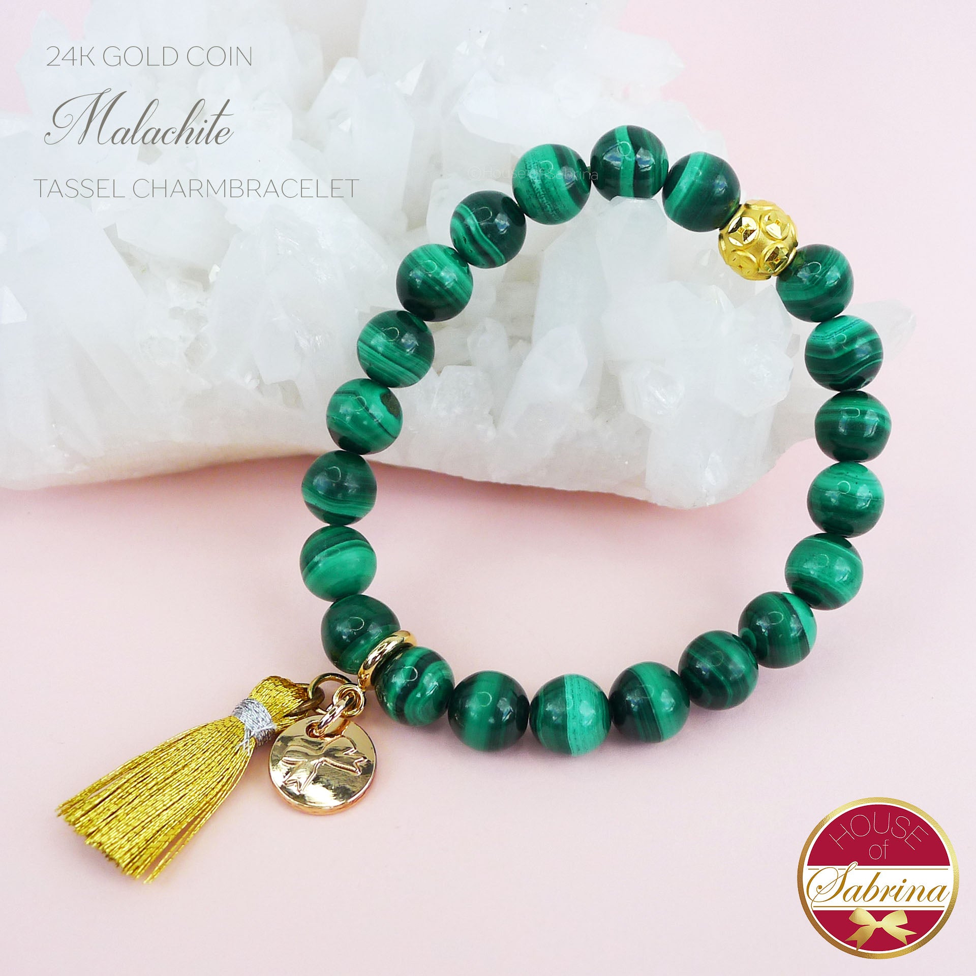 24K GOLD FORTUNE COIN + MALACHITE GEMSTONE TASSEL BRACELET