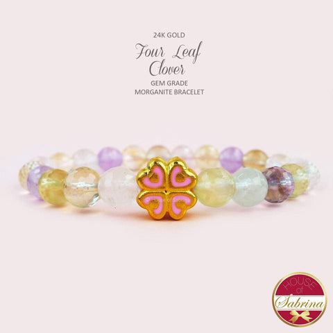 24K GOLD FOUR LEAF CLOVER ON GEM GRADE MORGANITE GEMSTONE BRACELET