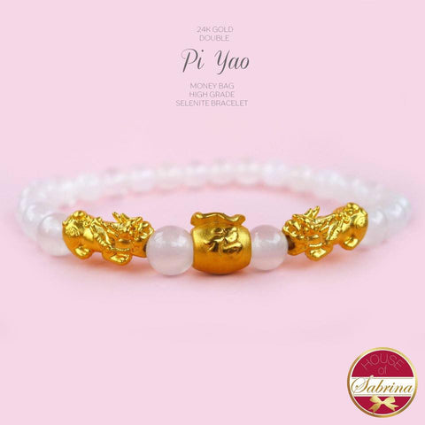 24k GOLD DOUBLE PI YAO + MONEY BAG ON HIGH GRADE SELENITE GEMSTONE BRACELET